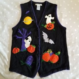 Victoria Jones Halloween Sweater Vest Black Purple Ghosts Spooky Trees XL